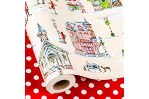 Yarcony Christmas Wrapping Paper, Christmas City Skier Wrapping Paper, Watercolor Blush and Green Paris Apartments Pattern Holiday Gift Wrp for Winter Celebrations, Party (Mini Roll, 17Inch x 33Feet)