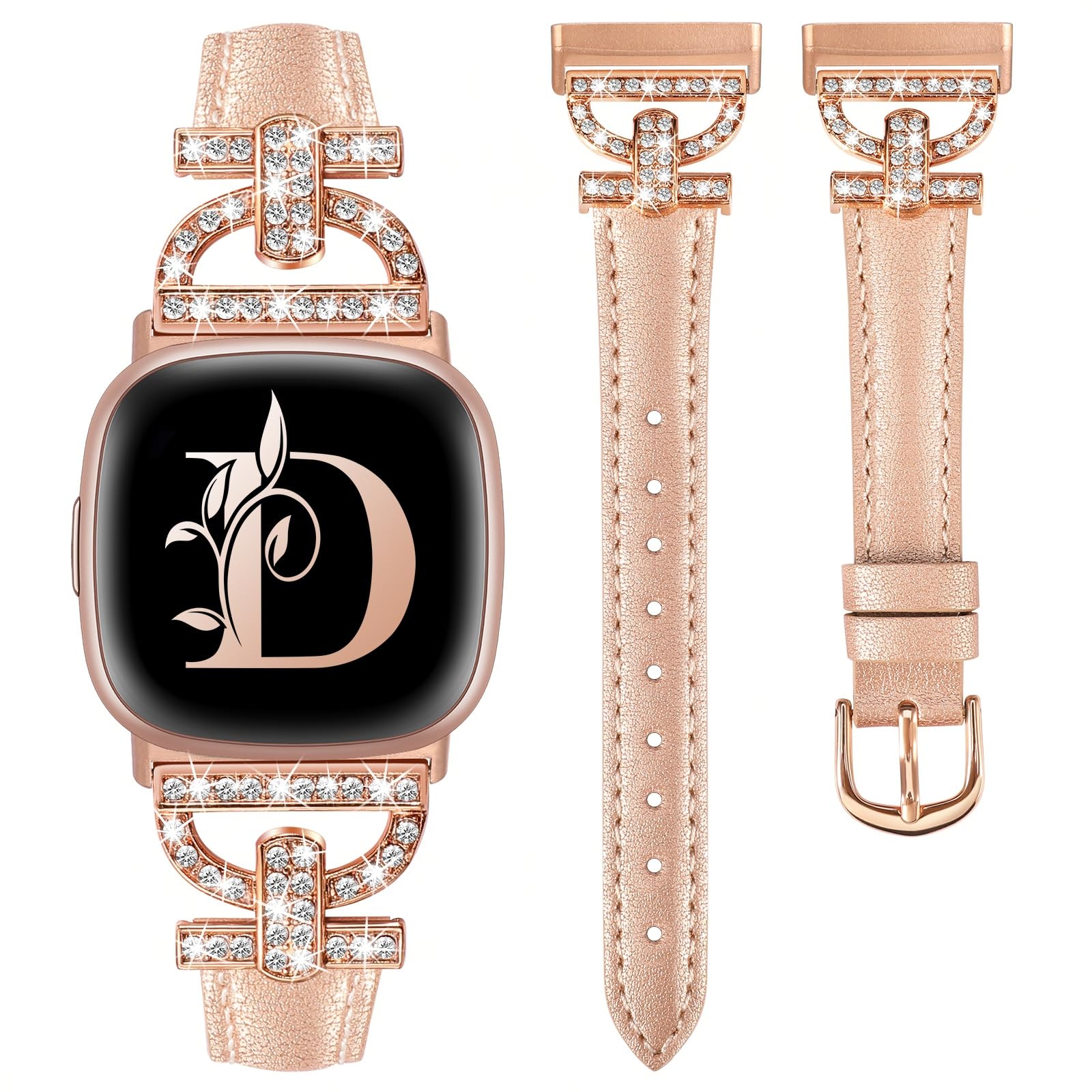 TOYOUTHS Genuine Leather Straps Compatible with Fitbit Versa 3/Versa 4/Sense 2/Sense, Women Slim Strap D-Shaped Metal Buckle Rhinestones Luxury Bracelet for Versa 3/4 Sense 1/2, Rose Gold+Rose Gold