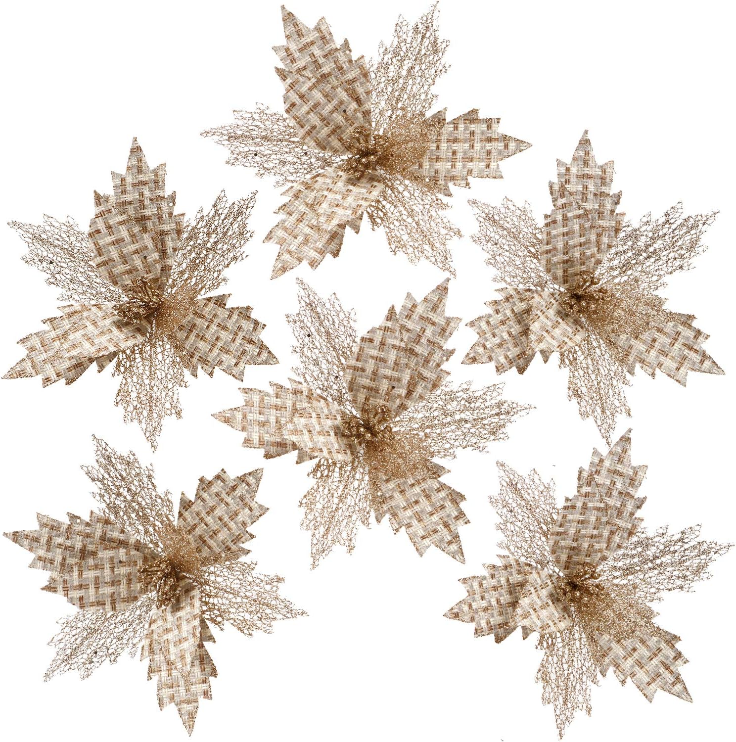 Sea Team 6-Pack Artificial Glitter Poinsettia, Flower Sticks, Christmas Flower Ornaments, Floral Stems, Picks, Branches, Xmas Tree Decorations for Holiday, Party, Wedding, 10-inch, Champagne