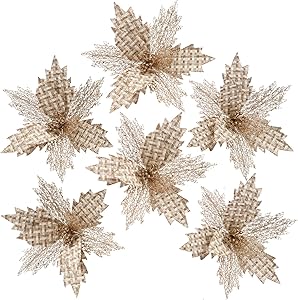 Sea Team 6-Pack Artificial Glitter Poinsettia, Flower Sticks, Christmas Flower Ornaments, Floral Stems, Picks, Branches, Xmas Tree Decorations for Holiday, Party, Wedding, 10-inch, Champagne