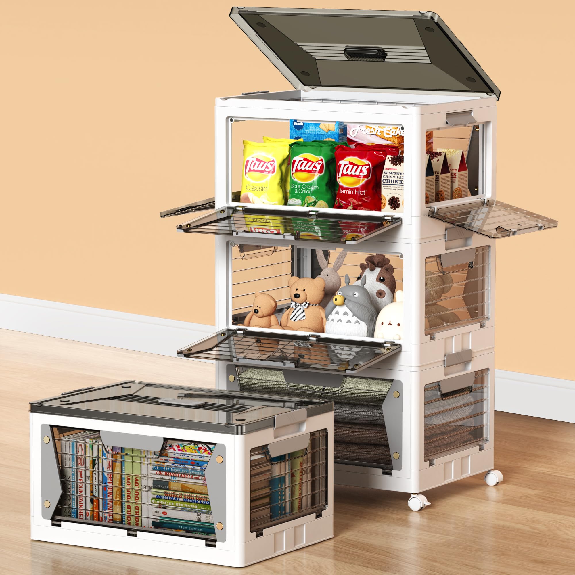 Photo 1 of 14 Gal Large Stackable Storage Bin with Lid, Plastic Clear Collapsible Storage Bins with Wheels, Foldable Closet Organizers and Storage Bins, Containers for Dorm Room Essentials, Pantry 4 Pack