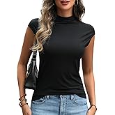 DCCISU Women's Sleeveless Turtleneck Tops Slim Fit Mock Neck Cap Sleeve Soft Tank Tops Basic Stretchy Layer Tee Shirts Black, Large