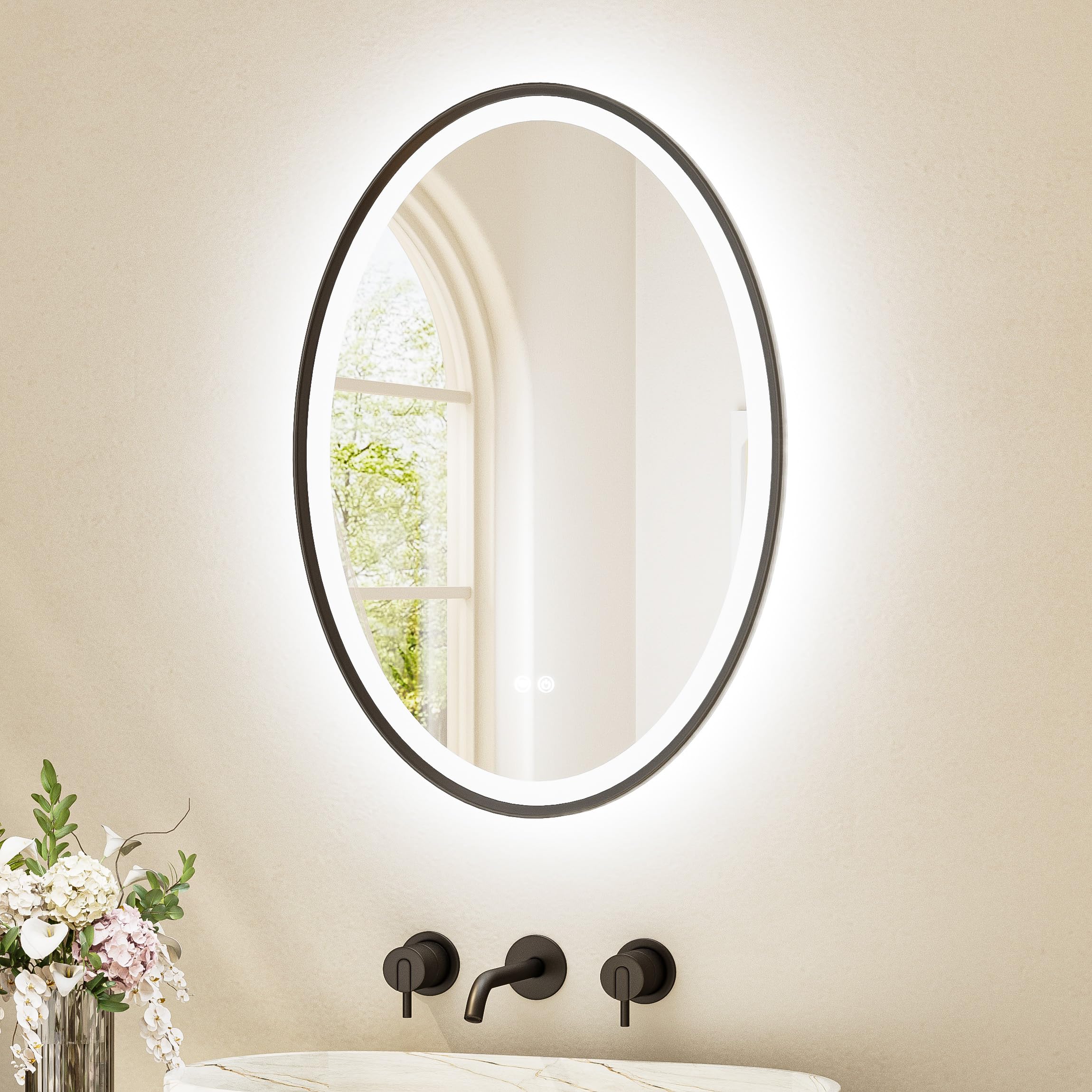 Photo 1 of ***FACTORY SEALED***
TETOTE Oval Led Lighted Bathroom Mirror Matte Black Frame 20" x 28" Front and Backlit Oval Light up Vanity Mirror with Lights, 3 Color Illuminated Dimmable Anti Fog Wall Mount, IP54 CRI 90+