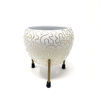 Bloomingdale Designer Plant Pot Including Rust Free Metal Stand for Indoor and Out Door Gardening (White Pot), Pack of 1