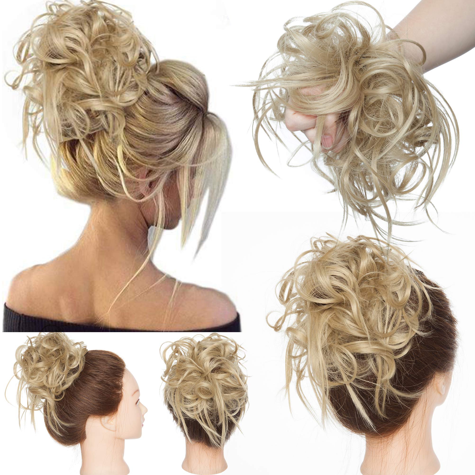 Tousled Updo Messy Bun Hair Piece Scrunchies Hair Synthetic Wavy Bun Extensions Fluffy Updo Scrunchy Chignon with Elastic Rubber Band Wrap on Donut Ponytail Hairpieces Ash Blonde