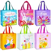 Exun Happy Easter Gift Bags with Handles, Bunny Carrot Chick Designs, Reusable Non-Woven Treat Bags for Party Favors, Gift Wrapping, Easter Basket Container, 9.1&times;8.7&times;4.5 inch, 6-Pack