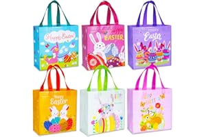 EXUN Happy Easter Egg Hunt Bags Bunny Carrot Chick Gift Bags with Handles, Treat Bags, Reusable Non-Woven Easter Bags for Gifts Wrapping, Party Supplies, Easter Basket Container, 9.1×8.7×4.5inch, 6-Piece