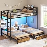 DICTAC Triple Bunk Bed for Kids with Storage Drawers and Charging Station Twin Over Twin Metal Bunk Bed with Storage Shelves and Box,3 Beds with Guardrails and Ladder, No Box Spring Needed, Black