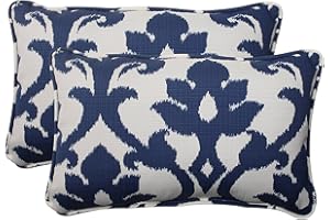 Pillow Perfect Damask Indoor/Outdoor Accent Throw Pillow, Plush Fill, Weather, and Fade Resistant, Lumbar - 11.5" x 18.5" , Blue/White Basalto, 2 Count