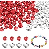 MECCANIXITY 100 Pcs 6mm Rhinestone & Spacer Beads for Jewelry Making, Sparkle Disco Ball Design Crystal Clay Assorted Gems Bulk for Pens Bracelet Necklace Earring DIY Crafting, Red