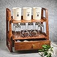 Brick Brown Handcrafted Versatile Organizer with Drawer Kitchen Spice Rack | Kitchen Counter Top Organizer | 2-Tier Kitchen Storage Organizer | Jars and Bottle Holder(18x18x10.7Inch)