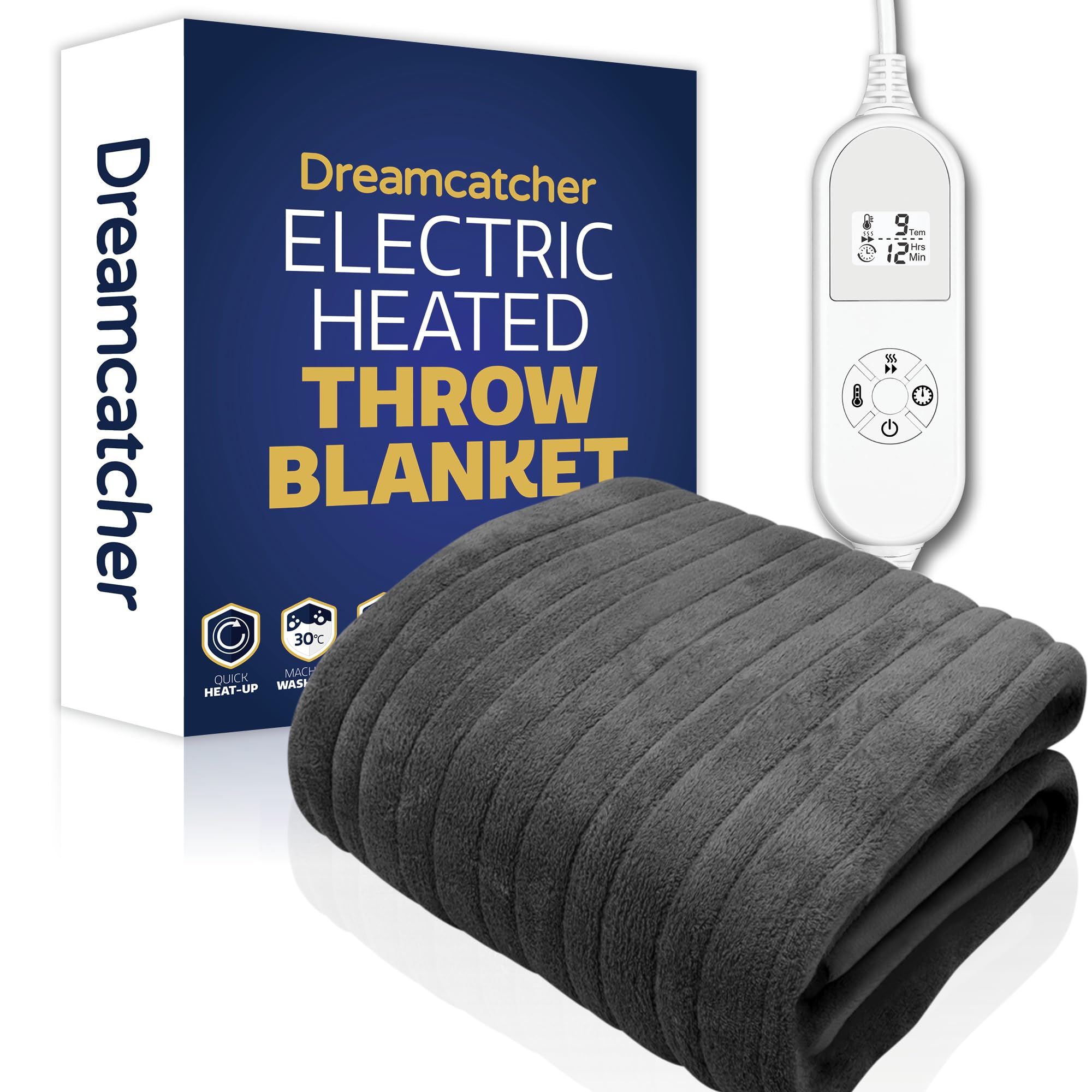 Dreamcatcher Dark Grey Heated Throw Electric Blanket, 160 x 120cm Heated Blanket Machine Washable Soft Fleece Electric Throw Overblanket with 12HR Timer and 9x Control Heat Settings