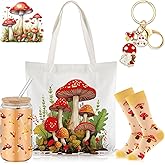 Paterr 4 Pcs Mushroom Gifts for Women Mushroom Lover Gift for Mother's Day Birthday Decorations, with Canvas Tote Bag 16oz Glass Coffee Cup with Straw Socks Cute Keychain