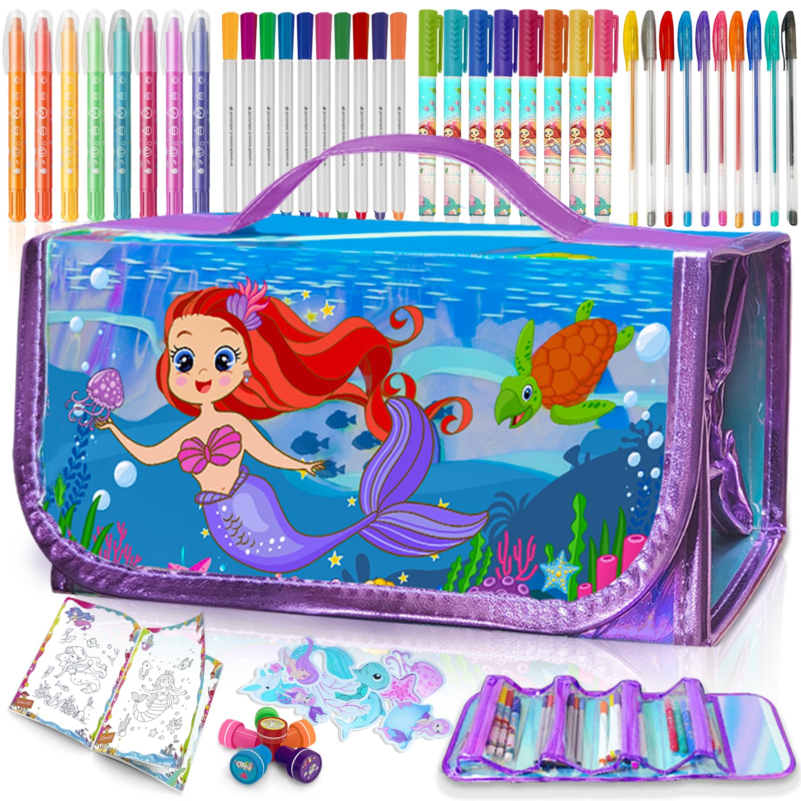 weirtoya Mermaid Gifts Washable Fruit Scented Markers Stationery Set, Gils Birthday Gifts for 4 5 6 7 8 Year Old Girls, Travel Art and Craft Drawing Colouring Set for Girls