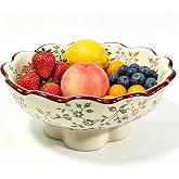HMRCYTE Vintage Ceramic Pedestal Bowl, 9.7" Large Decorative Fruit Bowl | Chinoiserie Floral Printed Fruit Bowl for Kitchen Counter Key Bowl for Entryway Table Large Capacity Storage for Home Decor