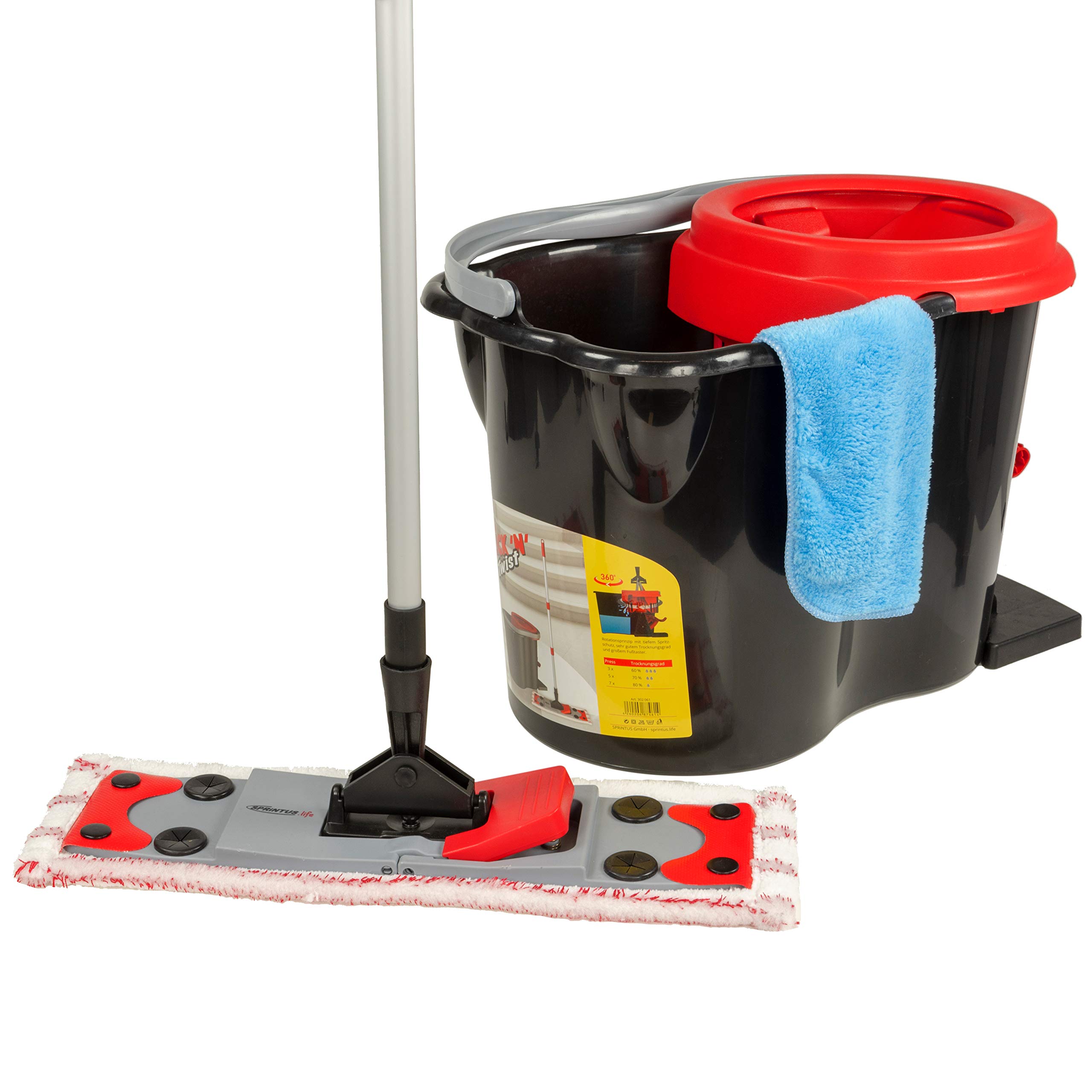 Sprintus Click 'N' Twist Self-Standing Floor Mop Complete Set, Magnetic Dust Cloth and Bucket with Spinning Press