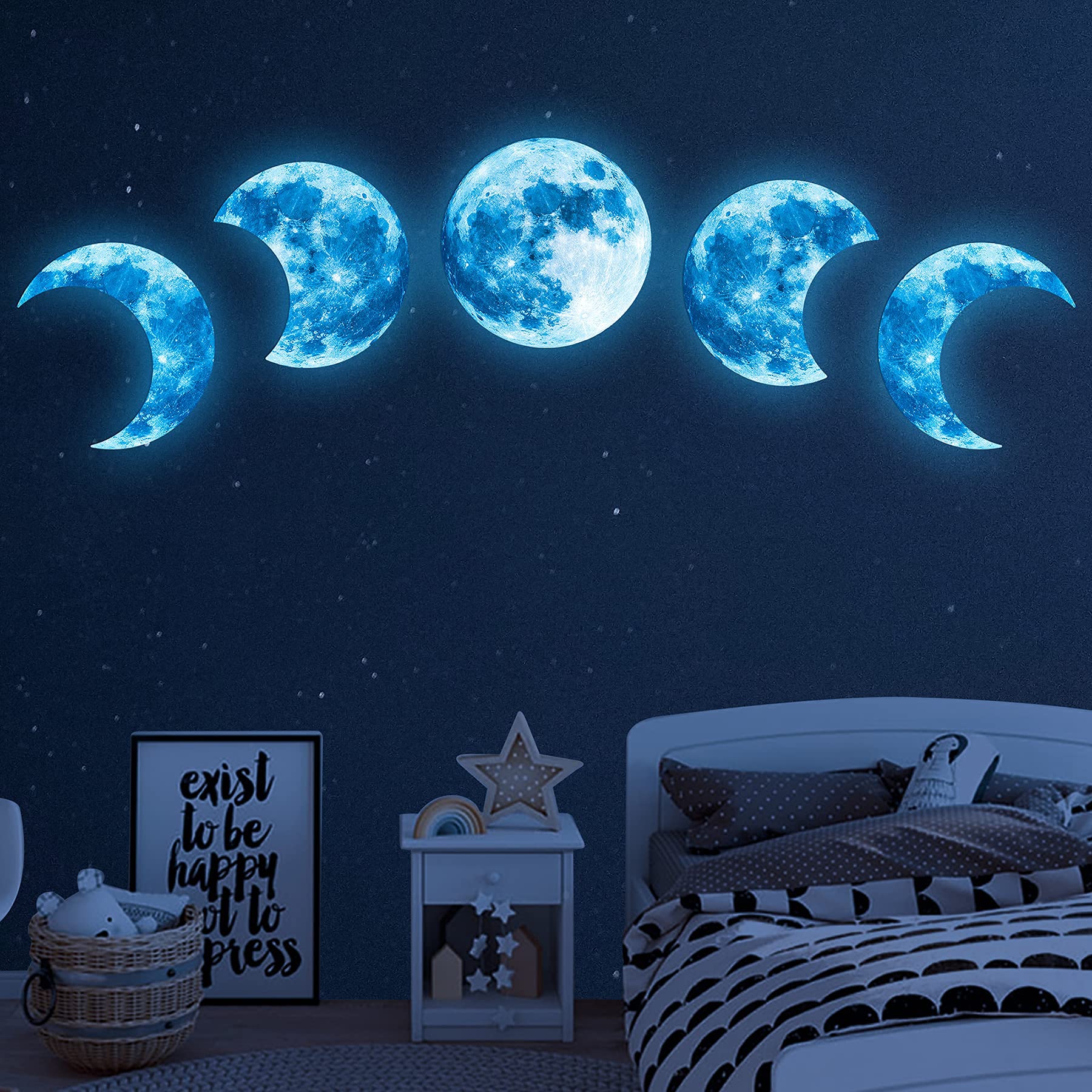 Photo 1 of 10Pcs Glow in The Dark Moon Wall Decals Large Luminous Space Planet Moon Phases Wall Sticker Glow in The Dark Stickers for Ceiling Removable Vinyl Boho Wall Decor for Kids Boys Girls Bedroom Nursery
