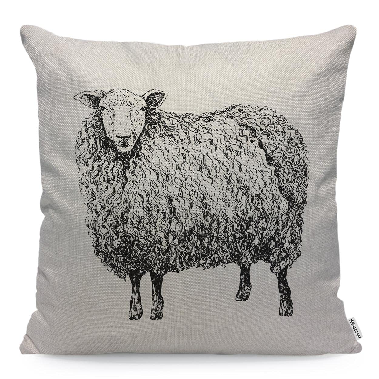 WONDERTIFY Sketch Sheep Cushion Cover Llama Alpaca Wavy Feather Coat Decorative Throw Pillow Covers For Couch, Bed Sofa Pillows Case Black White 45X45 Cm