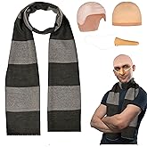 4 Pack Halloween Costume Accessory Set - Black Gray Striped Scarf, Large Bald Cap, Fake Nose for Adults Men Cosplay Set
