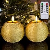 Yongmao Gold Glitter Round Battery Operated Candles with Timer, Flickering Real Wax Ball LED Flameless Candles for Home Decor Christmas Party Tables Centerpieces Set of 2 (4 Inch)