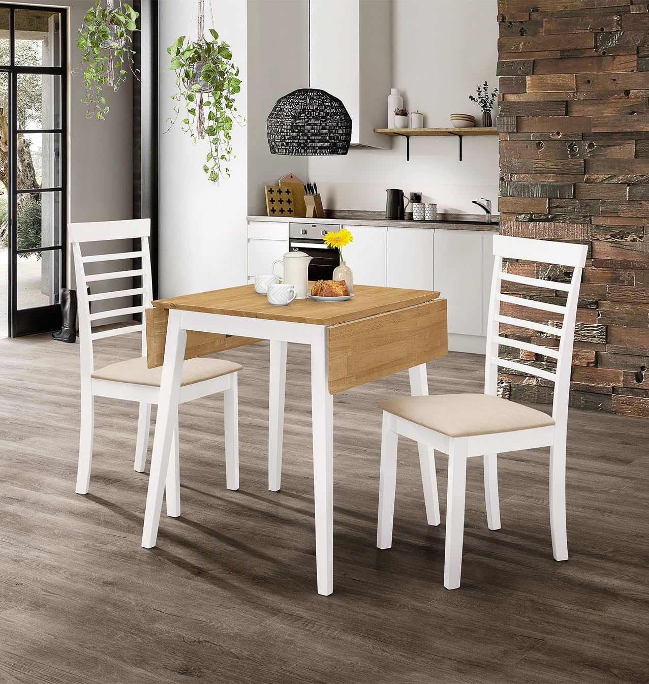 Hallowood Furniture Ledbury Dining Table and Chairs Set 2, Drop Leaf Small Kitchen Table and 2 Chairs with Warm Cream Fabric Padded Seat, Dining Room Sets for Home or Cafe, White and Oak Finish