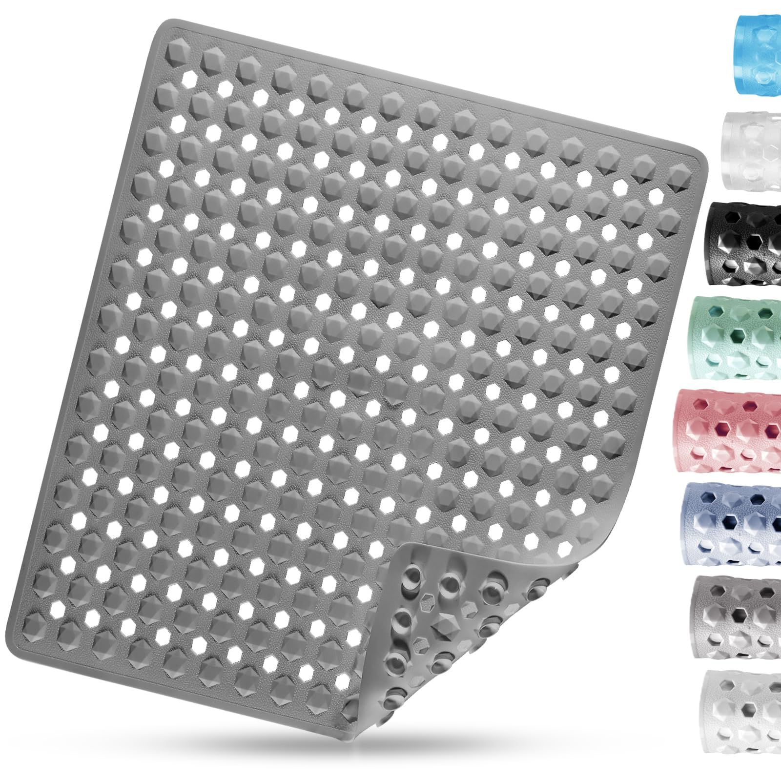 DOROP Square Shower Mat Non Slip Anti Mould for Inside Bath Shower 53 x 53cm Machine Washable PVC Shower Bath Mats for Kids Elderly Anti Slip Safety Bathroom Mat with Suction Cups Drain Holes,Gray