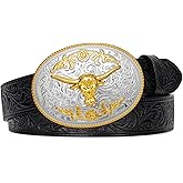 LEACOOLKEY Men's Leather Belt Western Cowboy Leather Belt for Jeans Pants Snap Belt with Detachable Buckle