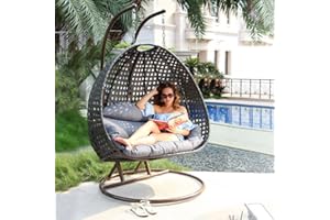 ALFRESCONOVA Deluxe Swing Chair Outdoor Furniture PE Rattan Wicker Hanging Hammock with Stand, Cushioned Loveseat Chaise Lounger, Perfect for Patio, Garden, Porch, Backyard, House, Indoor Decor (CHARCOAL)