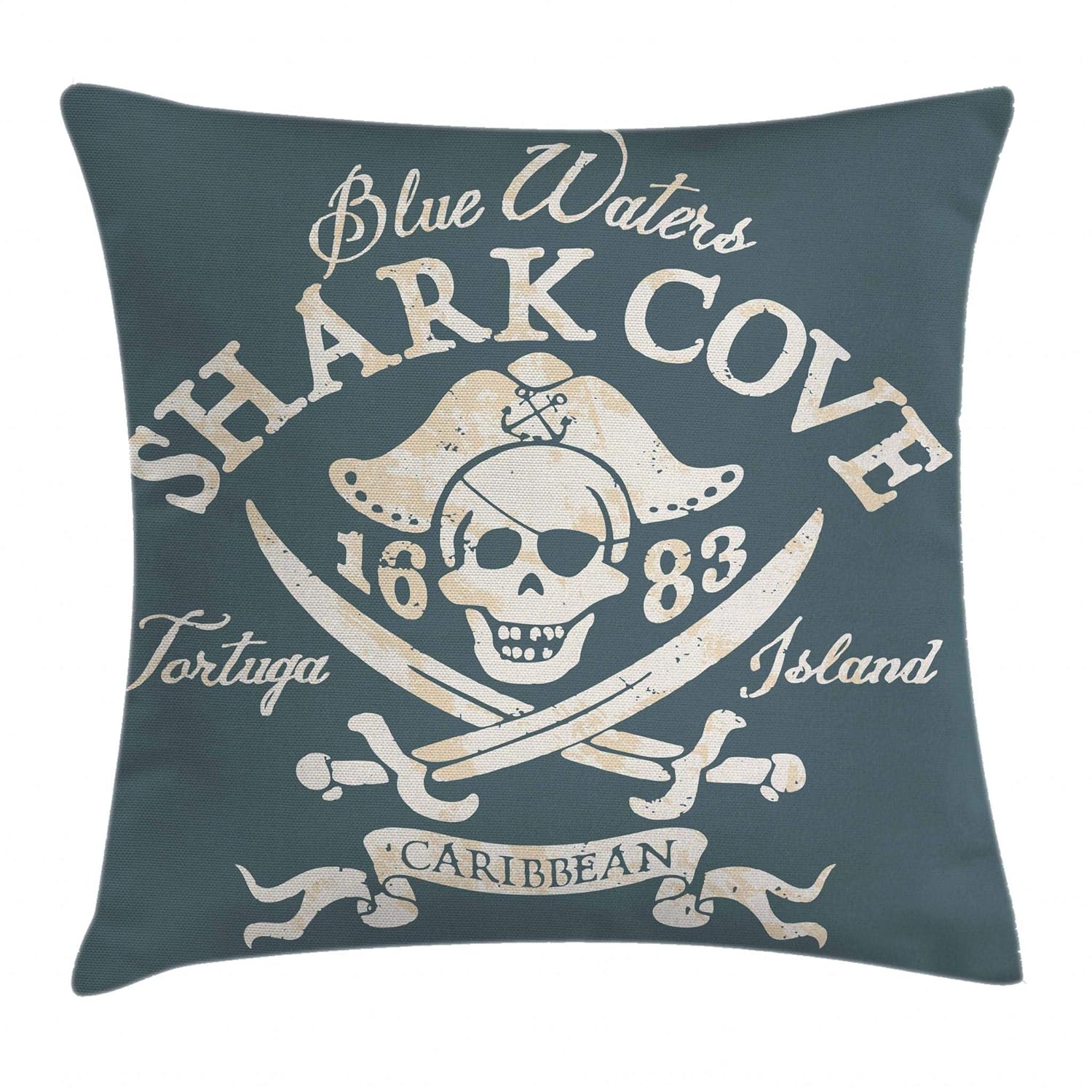 Ambesonne Pirate Throw Pillow Cushion Cover, Shark Cove Tortuga Island Caribbean Waters Retro Jolly Roger, Decorative Square Accent Pillow Case, 18 X 18 Inches, Slate Blue White Light Mustard