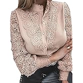 Sewius Women's Elegant Lace Crochet Mock Neck Long Sleeve Button Down Blouse Shirt Top