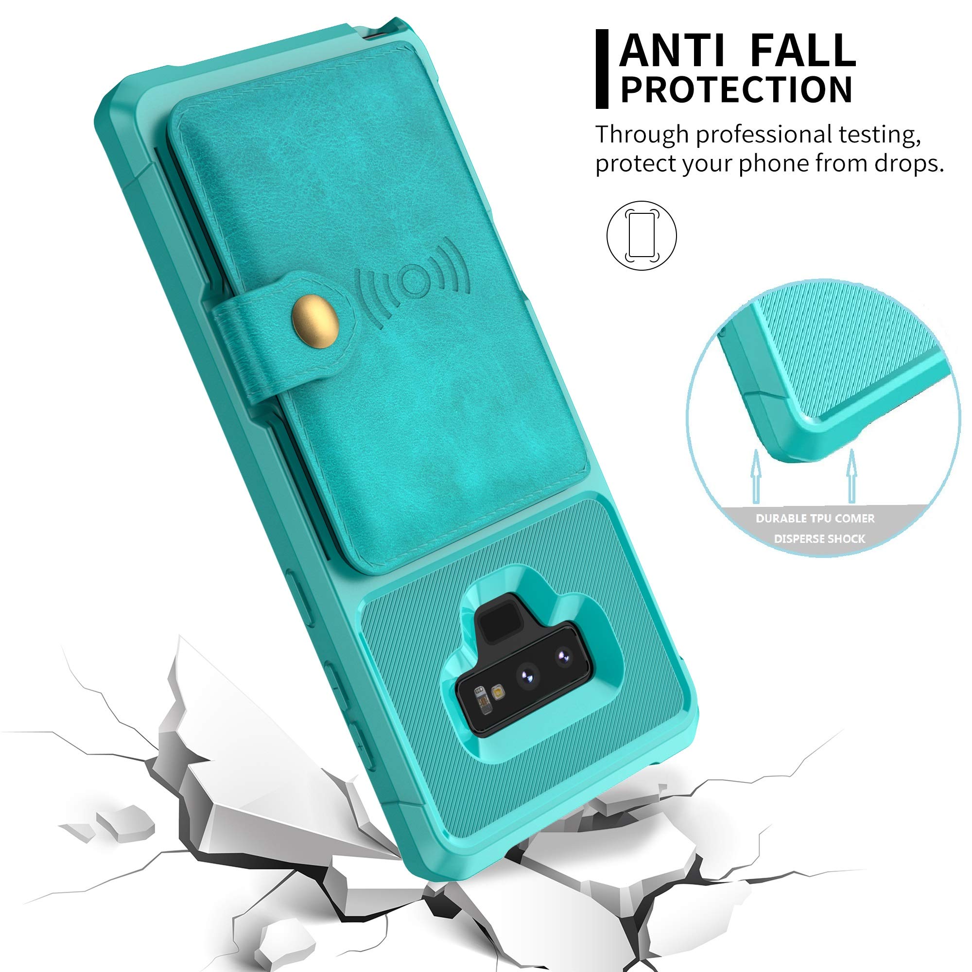 Galaxy Note 9 Wallet Case, Sumsung Note 9 Flip Leather Kickstand Fit Magnetic Wireless Car Charger Mount Slim Durable Shockproof Protective Card Slots Holder Case Cover (Turquoise)