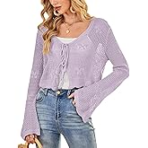 Balimtoy Women Tie Front Cardigan Crochet Sweater Crop Tops Cute Bell Long Sleeve Knit Shrug Beach Vacation Cover Up