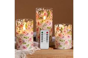 Eywamage Rose Floral Glass Flameless Candles with Remote, Flickering Battery Operated LED Pillar Candles Set of 3 Φ 3" H 4" 5