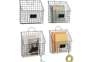 Yuzehuaza Hanging Wall File Holder Organizer Metal Wall Mount File Folders Holder Magazine Rack with Handles and Hooks , for Home Office, 4 Packs, Black (Patent Pending)