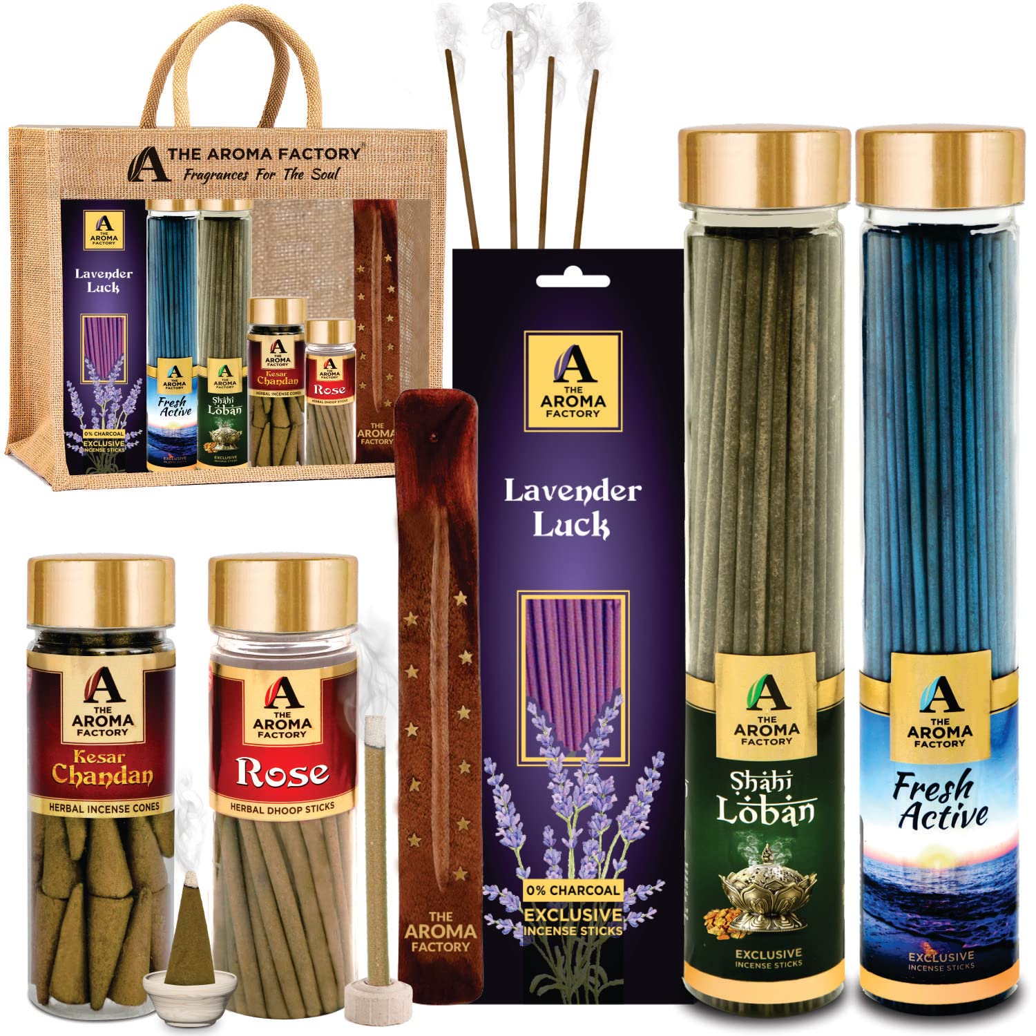 The Aroma Factory Royal Giftpack (Loban & Fresh Active Agarbatti, Rose Dhoopbatti, Kesar Chandan DhoopCone, Lavender 30 Sticks) with Jute Bag No Charcoal, 100% Organic Incense (Royal)