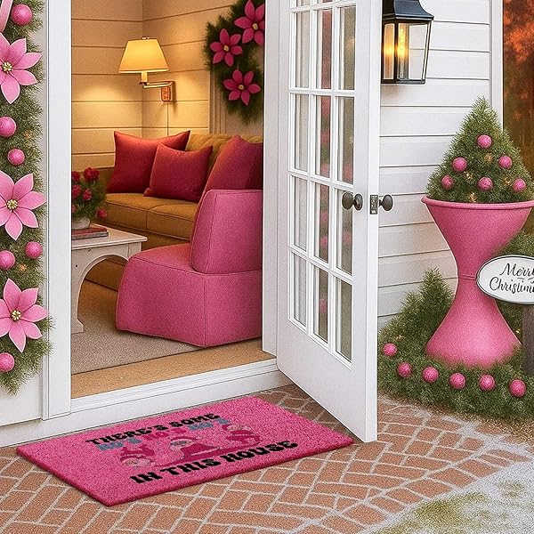 LANPN CHRISTMAS WELCOME NATURAL COIR DOOR MAT, SANTA LARGE COCO FRONT DOOR OUTDOOR DOORMAT OUTSIDE ENTRANCE PORCH NON SLIP RUBBER RUG WINTER XMAS FARMHOUSE DECOR (PINK, 36X24 INCH)