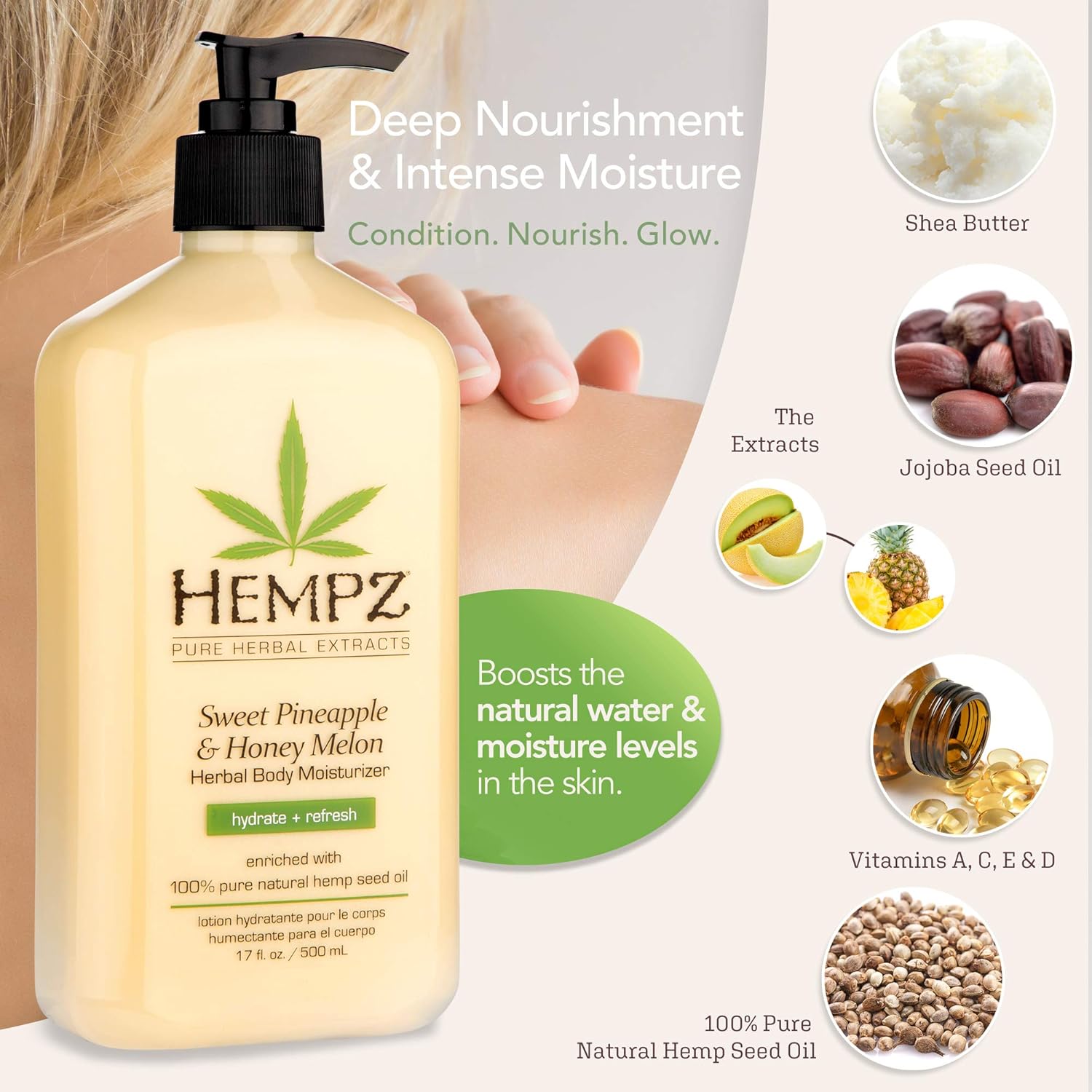 Hempz Sweet Pineapple & Honey Melon Moisturizing Skin Lotion, Natural Hemp Seed Herbal Body Moisturizer with Jojoba, Natural Extracts, Vitamin A and E, 17 oz : Beauty