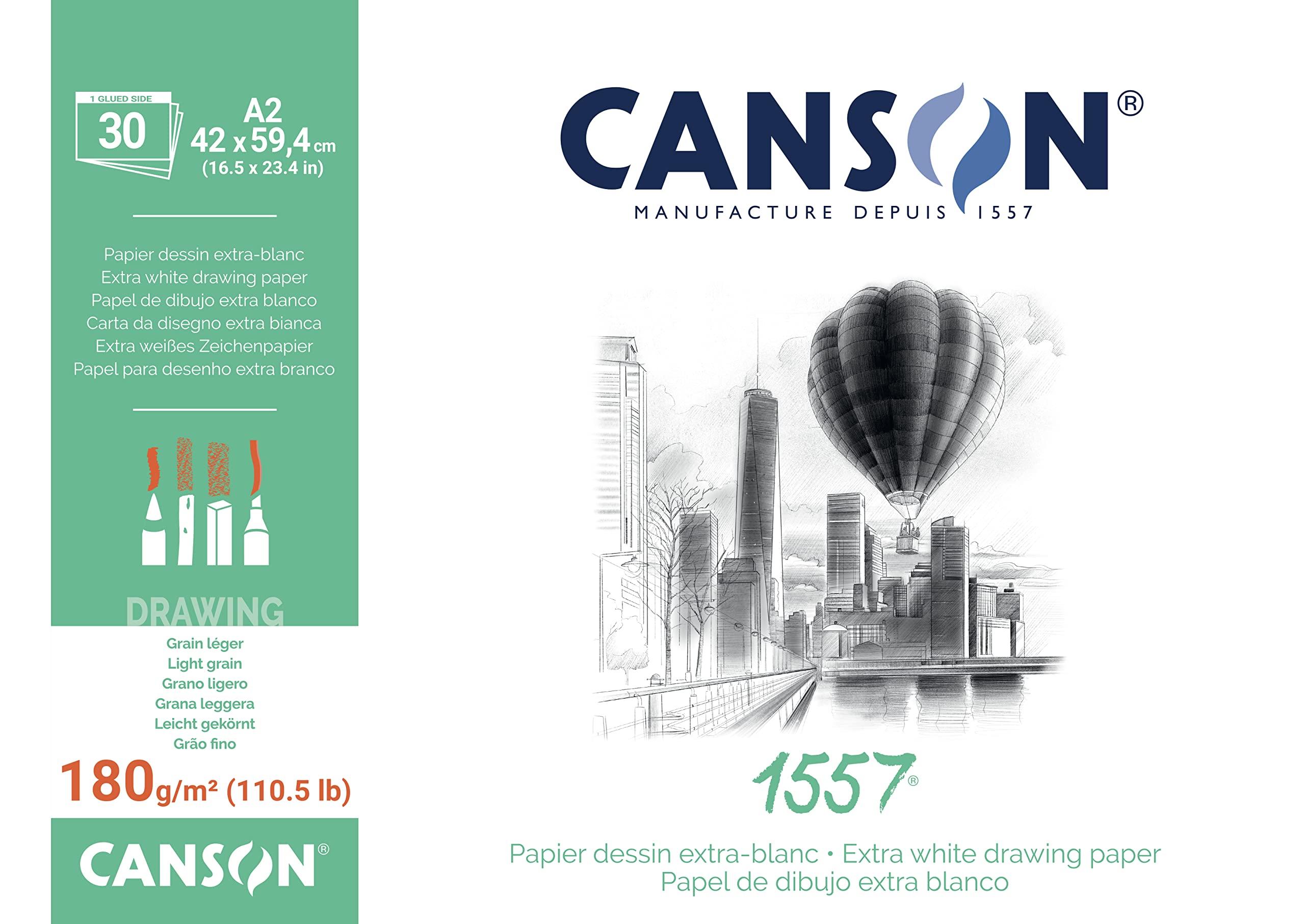 CANSON 1557 Extra White 180gsm A2 Drawing Paper, Light Grain, 30 Sheets, For Professional Artists & Illustrators