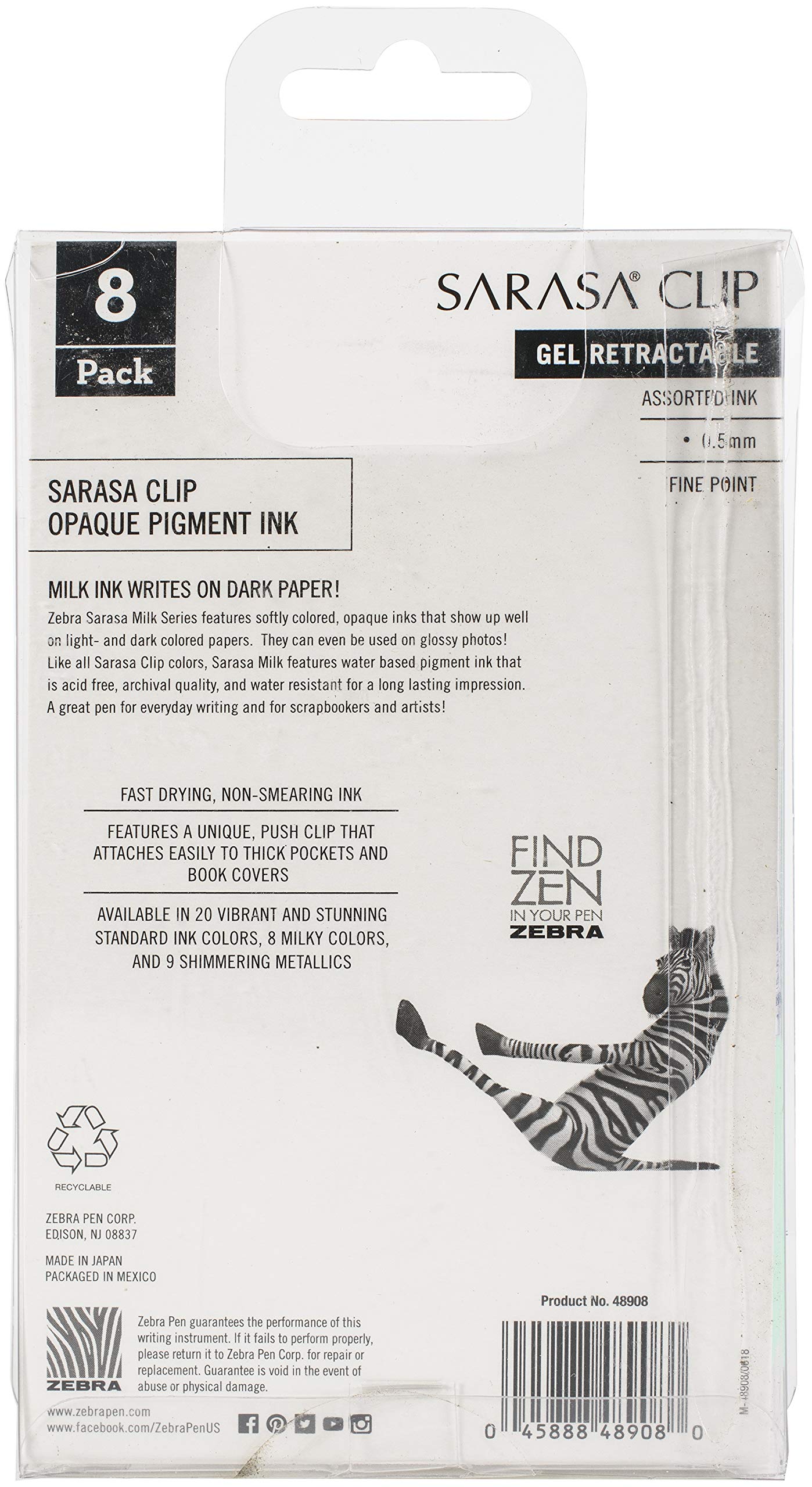 Zebra Pen Sarasa Clip Retractable Gel Pen, Fine Point, 0.5mm, Milk Assorted Colors, 8-Pack (48908)