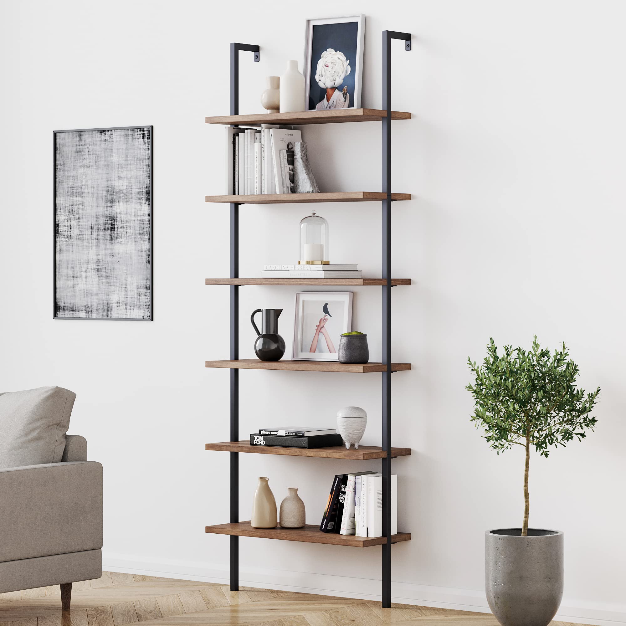 Photo 1 of Nathan James Theo 6-Shelf Tall Bookcase, Wall Mount Bookshelf with Reclaimed Wood and Industrial Metal Frame, Oak/Black