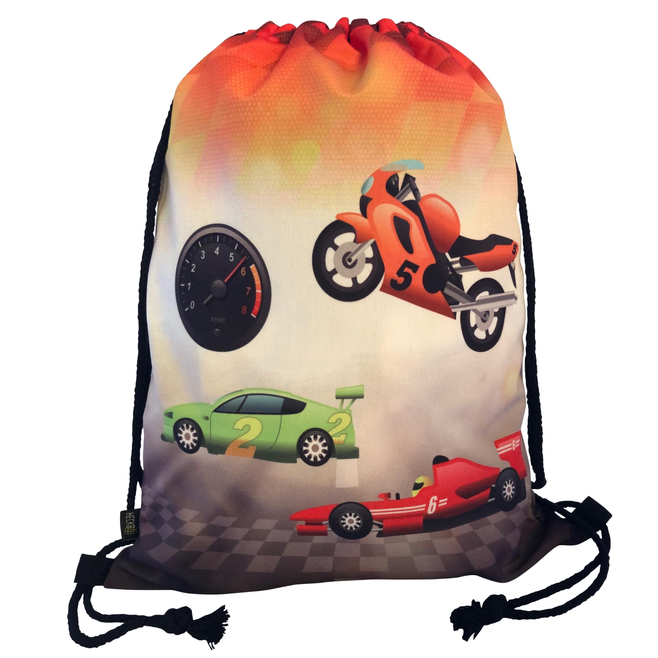 HECKBO kids racing cars gym drawstring bag - 40x32cm - 12.6" x 15.8" - string bag - kindergarten daycare crèche school football - children kids girl boy backpack, sports bag, fabric bag
