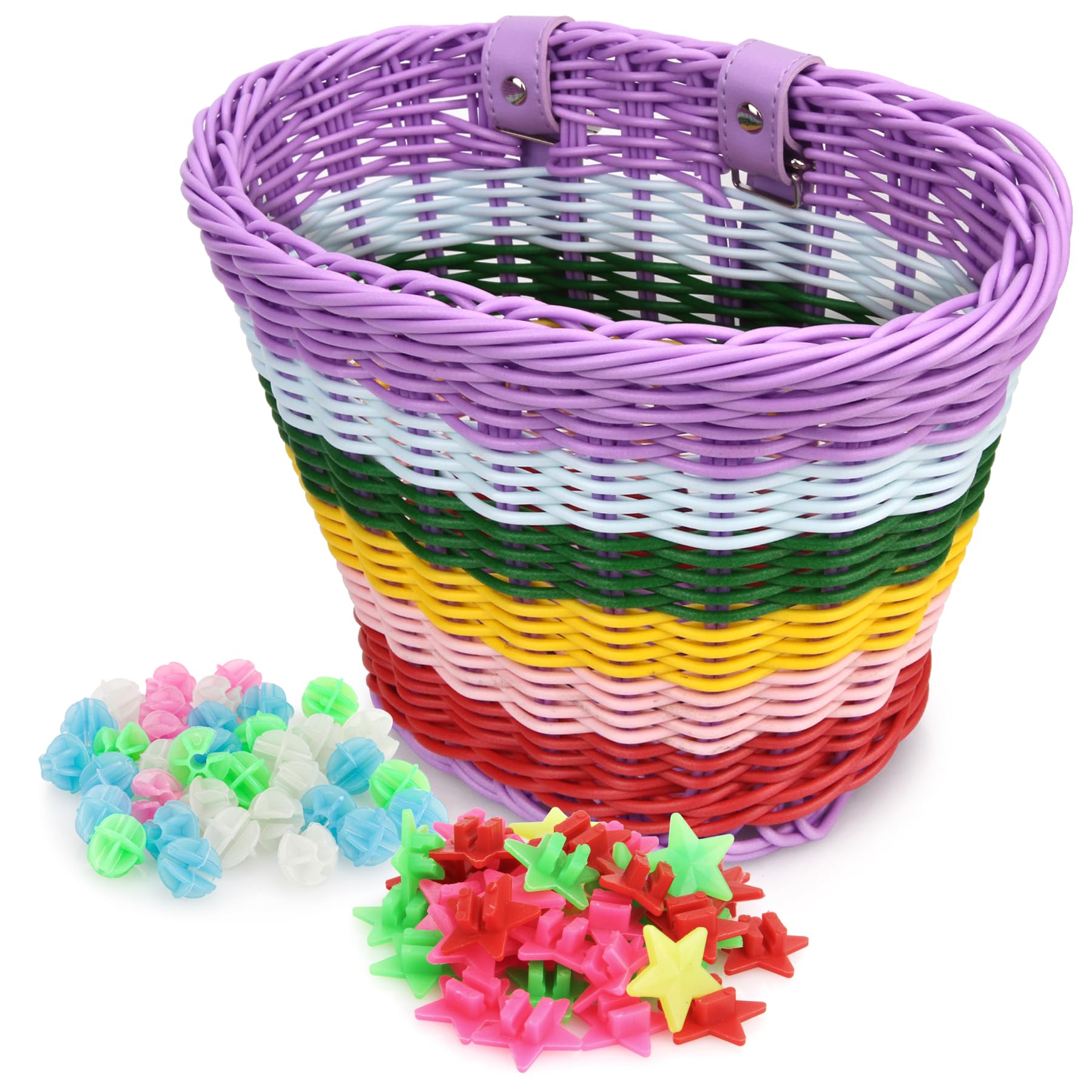 Spesh Kids Bike Basket, Wicker Basket for Kids Bike Boys Girls Bike Baskets Front with 72 Pcs Bike Spoke Beads Bicycle Accessories for Kids Bike(Rainbow)