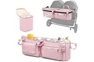 Prokva Double Stroller Organizer Compabitle with BOB Duallie and Baby Jogger City Mini GT2 Double Stroller, Double Parent Stroller Caddy Organizer with Cup Holder and Cooler Bag, Pink(Empty Bag)