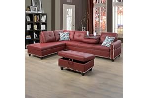 LOPOO 3-Piece Faux Leather Sectional Couch, Button Tufted Upholstered Modular Sofas with Chaise Lounge and Storage Ottoman, Large L-Shaped Living Room Sets w/Foldable Console and Cup Holder (Red)