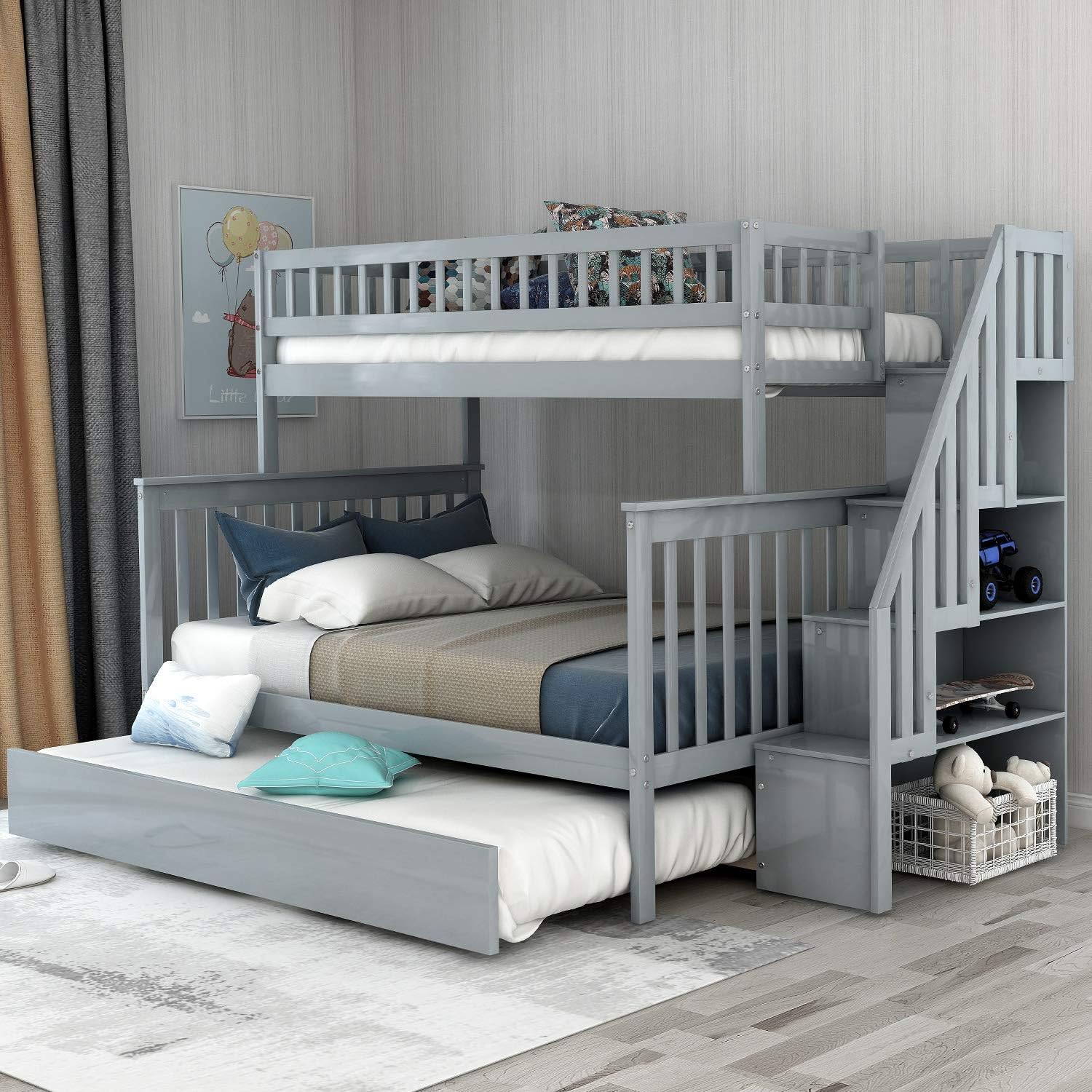 Twin-Over-Full Bunk Bed for Kids, Trundle Bed & Loft System with Storage in The Steps, Neutral Grey