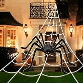 PUHPIG Halloween Decorations, 200" Triangular Spider Web +59" Giant Spider | Huge Spiders Web and Hairy Scary Fake Spider D&eacute;cor for Outdoor, Indoor, Porch Yard, Costumes Parties, Haunted House, Party