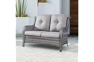 PUGIRE Patio Loveseat Wicker Outdoor Couch - 2-Seater Rattan Patio Sofa with Deep Seating and Comfortable Cushions for Outside Porch Deck Poolside Balcony(Mixed Grey Wicker/Grey Cushion)