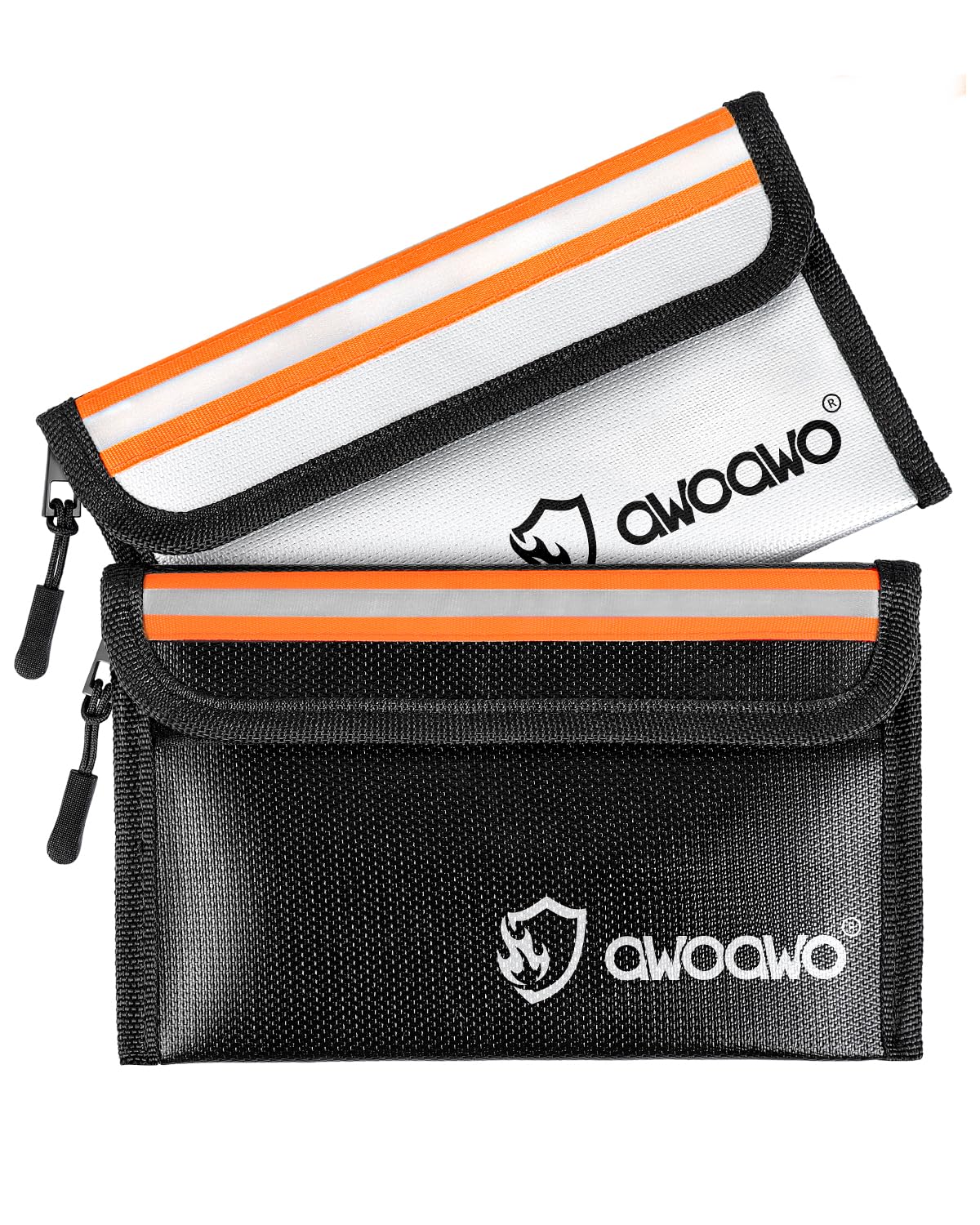 Pack of 2 Fireproof Bags with Reflective Strips, 20 x 13 cm, Practical Small Fireproof Money Bag for Documents, Cash and Valuables, 5200°F Heat-Resistant, Waterproof, Black Silver