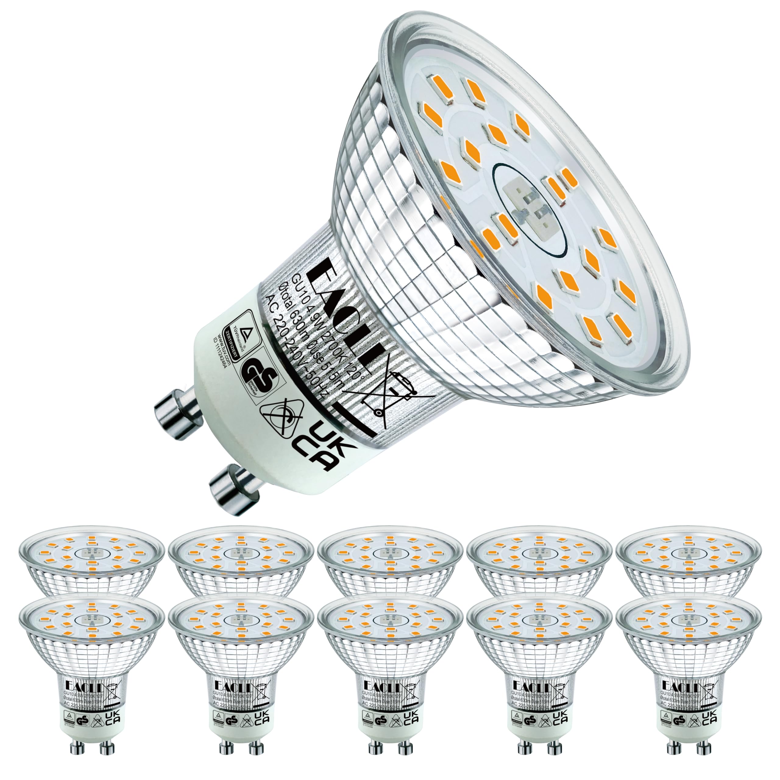 EACLL GU10 LED Bulbs Warm White 4.9W Equivalent 70W Halogen, Pack of 10, 515 Lumens 2700K, AC 230V Flicker-Free Spot Light, Wide Beam Angle 120°, Non-Dimmable Energy Saveing Reflector Lamp