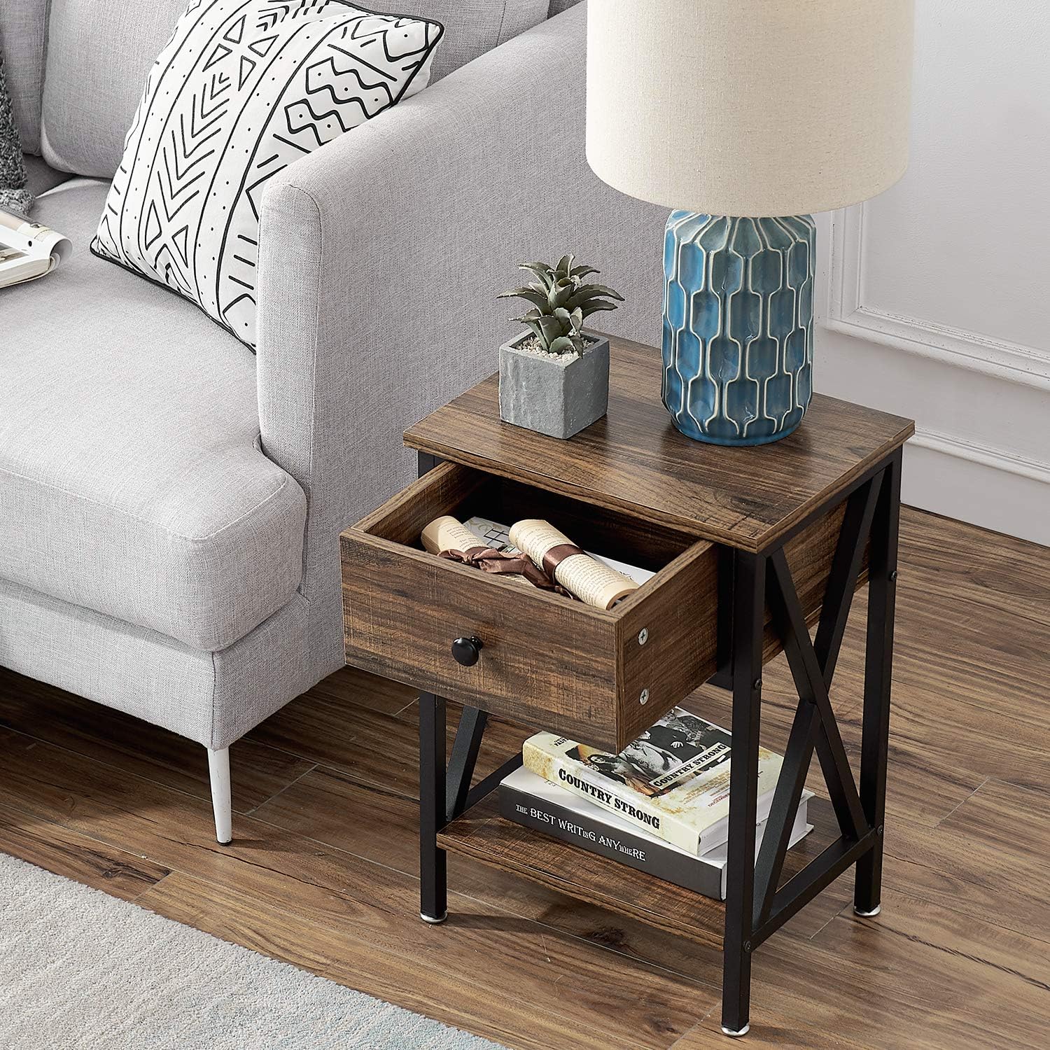 VECELO Modern Versatile Nightstands X-Design Side End Table Night Stand Storage Shelf with Bin Drawer for Living Room Bedroom, Set of 2 (Brown): Home & Kitchen